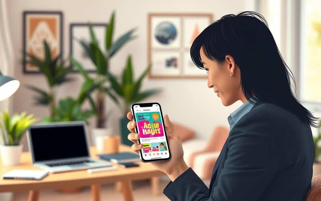 A visually engaging scene depicting a variety of creative digital ads that seamlessly blend into a social media feed. In the foreground, showcase a sleek smartphone in a person's hand, displaying vivid and colorful ad designs that feel natural and enticing. The person, dressed in smart casual attire, appears focused and engaged with the screen. In the middle ground, include a softly blurred workspace with a laptop and sketchpad, suggesting a creative atmosphere. The background features a cozy, well-lit room with plants and art on the walls, enhancing the innovative vibe. Soft, warm lighting creates an inviting, productive ambiance, while the overall composition remains uncluttered, directing attention to the smartphone's creative content.