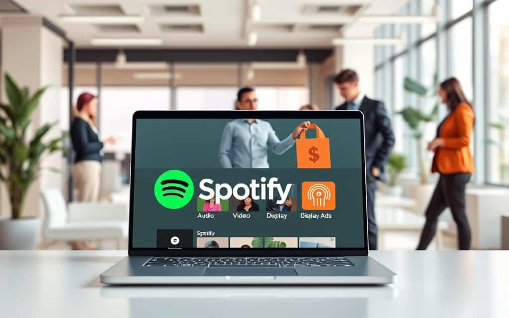 A visually striking workspace centered around Spotify advertising. In the foreground, a laptop displaying the Spotify logo alongside graphical representations of ad formats, like audio, video, and display ads. In the middle, a diverse group of professionals in business attire collaborate over marketing strategies, pointing to the laptop screen and discussing creative ideas. The background features a modern office environment with soft colors, minimalistic furniture, and large windows allowing natural light to flood the space, creating a bright and uplifting atmosphere. The scene conveys a sense of innovation and teamwork, focused on digital marketing and advertising. The composition maintains a clear subject focus, avoiding any clutter, while emphasizing the importance of Spotify advertising in the modern marketing landscape.
