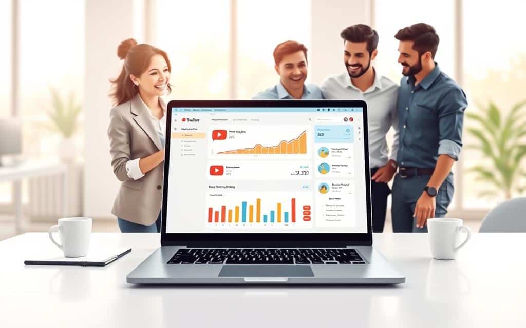 A bright and engaging workspace scene featuring a sleek modern desk with a laptop open, displaying a YouTube analytics dashboard. In the foreground, a diverse group of three business professionals, one woman and two men, are collaborating enthusiastically. They are dressed in smart business attire, with the woman in a tailored blazer, while the men wear dress shirts with rolled-up sleeves. The middle layer features vibrant charts and graphs, illustrating growth, accompanied by tools like a notepad and a coffee cup. The background showcases a soft-focus office environment with light streaming through large windows, creating a warm and motivating atmosphere. The overall color palette is soft, with gentle pastel tones, giving a clean and focused vibe to the image. The composition invites a sense of productivity and teamwork, with no clutter to detract from the central theme.