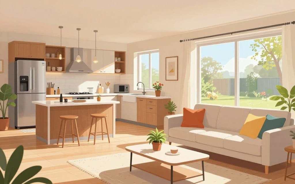 A bright and inviting living room of a rental property, featuring modern furnishings and tasteful decor. In the foreground, a stylish sofa with colorful cushions, a sleek coffee table, and a potted plant create a cozy atmosphere. The middle ground showcases a well-lit kitchen with polished countertops and contemporary appliances, while a large window reveals a sunny outdoor view. The background includes subtle hints of a well-maintained garden. Soft, natural lighting filters in, enhancing the warm tones of the space. A wide-angle perspective captures the spaciousness and flow of the area, evoking a welcoming and comfortable mood, ideal for showcasing an effective rental listing.