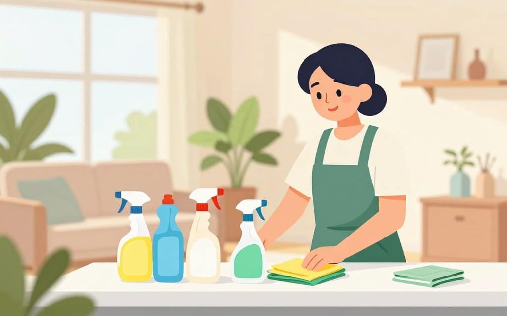 A bright and inviting scene showcasing a clean, eco-friendly home environment that represents organic social media content for a cleaning business. In the foreground, a professional cleaner in modest casual attire is organizing colorful cleaning supplies, such as eco-friendly sprays and cloths, on a white countertop. The middle section features a sunlit living room with green houseplants and sparkling surfaces. In the background, large windows allow natural light to flood in, creating a warm and cheerful atmosphere. Soft pastel colors dominate the image to evoke a fresh and clean aesthetic. The composition should focus on clarity and simplicity, with a balanced layout that emphasizes the importance of organic content in promoting cleaning services.