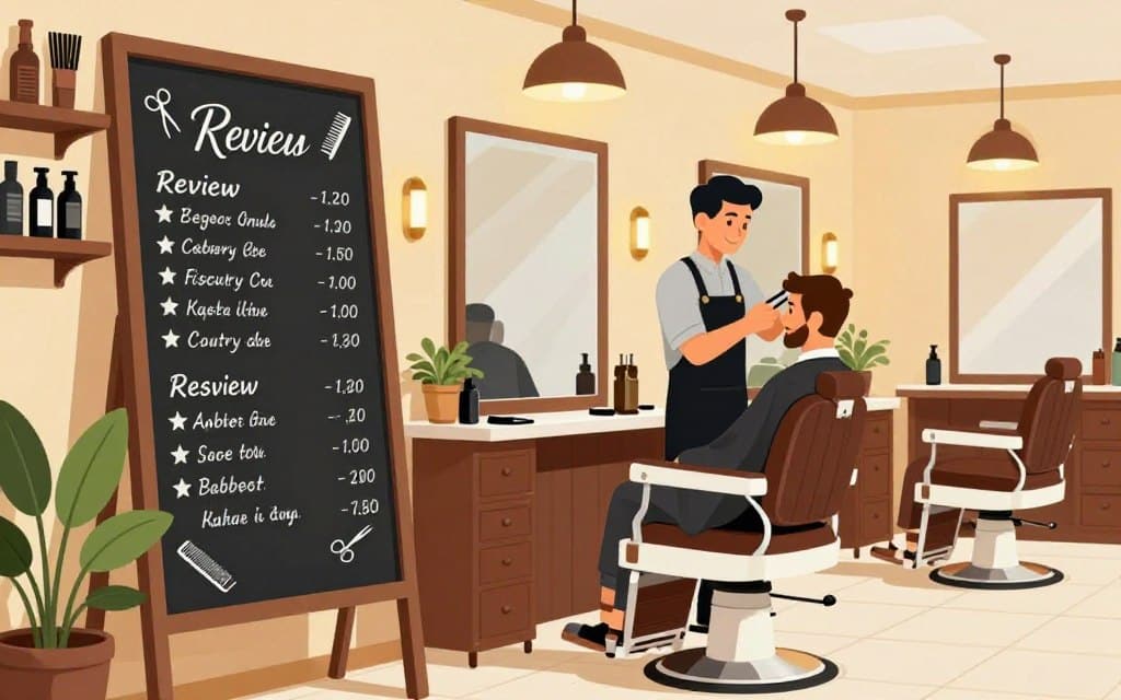 A cozy barbershop interior in the foreground, featuring well-organized shelves lined with grooming products and accessories. A large, aesthetically pleasing chalkboard displays customer reviews and ratings, elegantly written in calligraphy, adorned with simple graphics like scissors and combs. In the middle ground, a barber, dressed in professional attire, is providing a haircut to a satisfied customer, both smiling and relaxed. The background showcases vintage-style barber chairs and warm wall colors, with soft, ambient lighting casting a welcoming glow over the scene. Lush green plants add a touch of freshness. The overall mood is inviting and friendly, embodying a sense of community and professionalism in the barbershop environment.