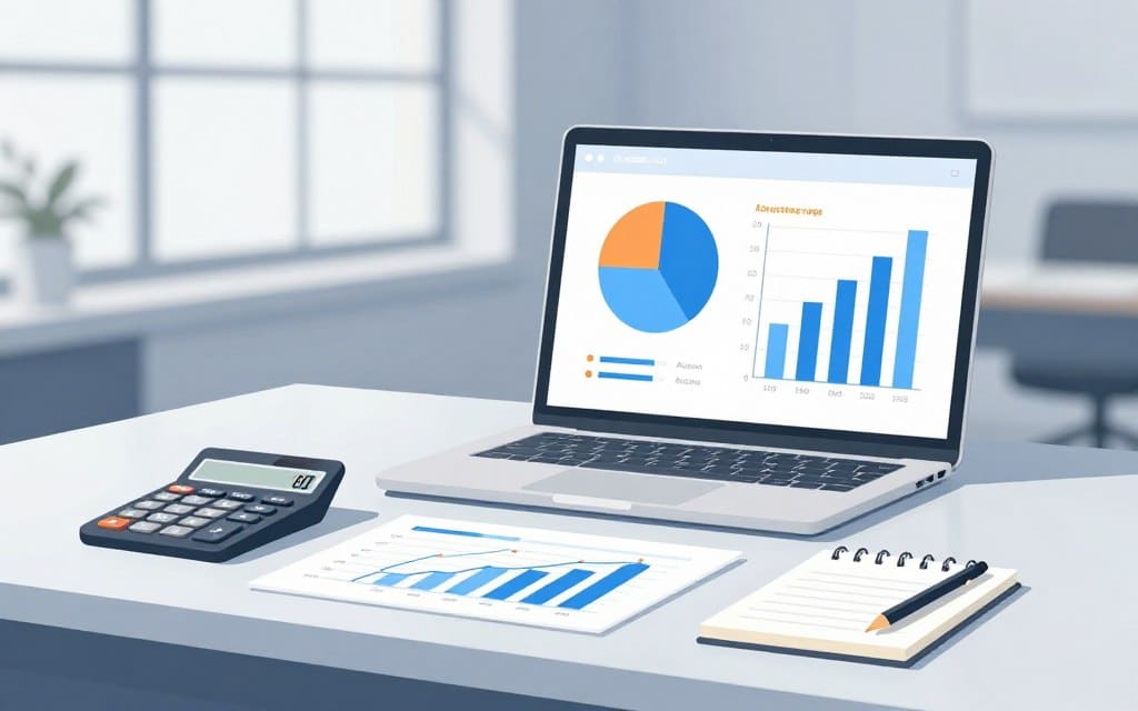 A detailed illustration of an agency cost calculation example, featuring a modern office desk in the foreground with a calculator, notepad, and graphs depicting advertising costs. In the middle ground, display a laptop screen showcasing a pie chart and a bar graph analyzing advertising expenses. The background should include a sleek office environment with large windows allowing soft, natural light to enter, creating a professional yet inviting atmosphere. Use a shallow depth of field to keep the focus on the cost calculation scene, with soft colors like light blues and grays to enhance clarity and minimize distraction. The overall mood is insightful and business-focused, perfect for illustrating agency cost calculations. No text or branding should be included.