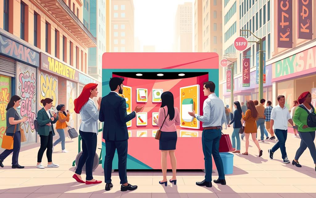 A dynamic scene depicting a small team of marketers executing guerrilla marketing tactics in an urban setting. In the foreground, a diverse group of three professionals in business attire brainstorm around a colorful, eye-catching pop-up installation that showcases their innovative product. The middle ground features people interacting with the installation, expressing surprise and curiosity, while passersby take notice. In the background, a vibrant cityscape with street art and bustling pedestrians conveys energy and creativity. Soft, natural lighting casts a warm glow, emphasizing the excitement of the moment. The angle captures a slightly elevated perspective, drawing the viewer into the engaging atmosphere of unconventional marketing. The overall mood is lively and inspiring, reflecting the pros and cons of guerrilla marketing strategies.