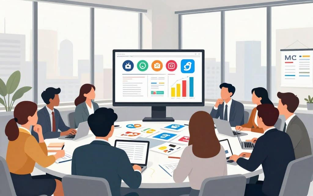 A dynamic, visually engaging scene illustrating advertising media challenges in a professional office setting. In the foreground, a diverse group of professionals in business attire, looking thoughtfully at a digital screen displaying various social media logos and graphs. The middle ground features a large conference table cluttered with documents, laptops, and brainstorming notes, emphasizing strategic planning. The background contains large windows with a cityscape view, filtered soft natural light creating a bright, encouraging atmosphere. Use a wide-angle lens to capture the depth of the room. The mood is focused and collaborative, with a sense of urgency and determination, reflecting the complexities and challenges of media selection in advertising campaigns.