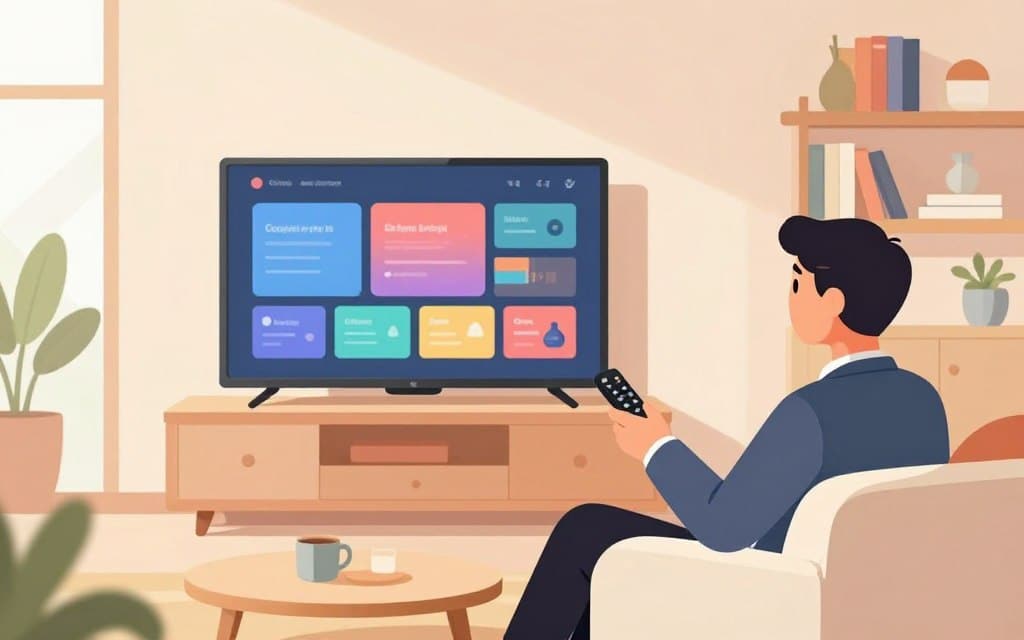 A modern living room scene featuring a sleek, flat-screen television prominently mounted on the wall. In the foreground, a well-dressed individual, wearing professional business attire, is comfortably seated on a stylish sofa, holding a remote control. The person's engaged expression reflects excitement and curiosity as they interact with the TV, which displays a colorful, dynamic menu interface. Surrounding the viewer are soft, warm lighting and inviting pastel colors that create a cozy atmosphere. In the background, bookshelves filled with neatly arranged books and decorative items add depth to the scene, while a large window allows soft natural light to filter in, enhancing the inviting mood. The composition captures the essence of a personalized viewing experience, emphasizing comfort and user control.