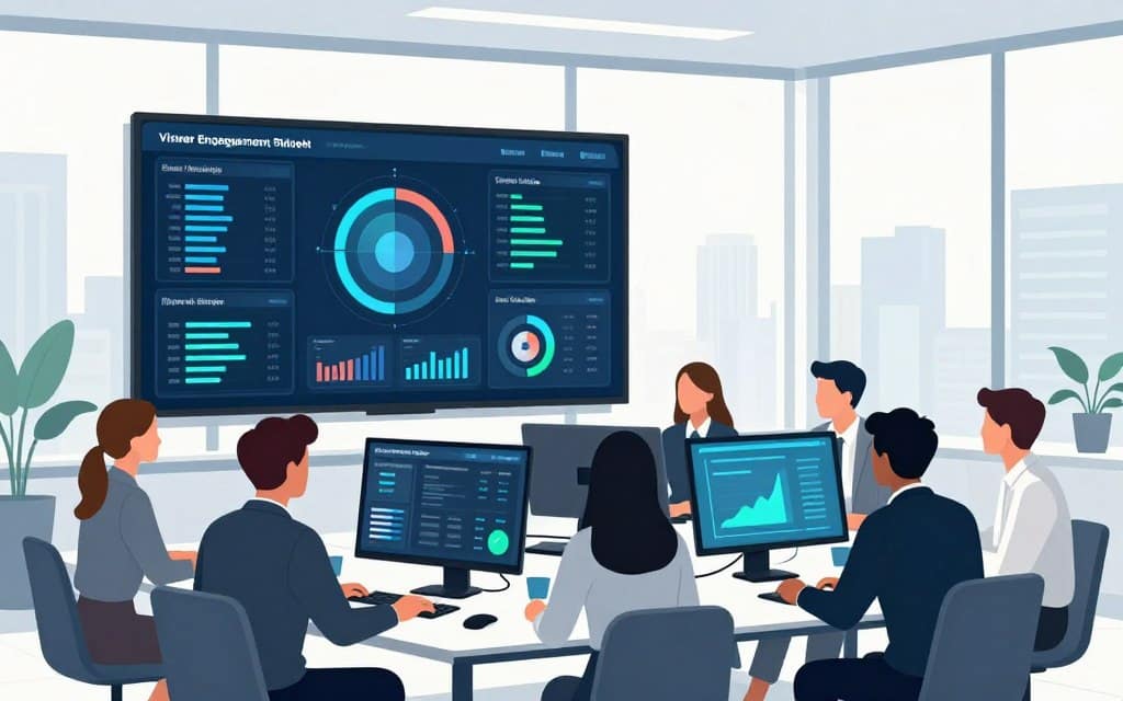 A modern office environment showcasing a professional setup for connected TV campaign measurement. In the foreground, a diverse group of professionals, dressed in business attire, are gathered around a sleek table, analyzing interactive data on digital screens displaying real-time analytics and graphs. In the middle ground, a large digital board highlights various metrics like viewer engagement and ad performance, illuminated with soft blue and green tones that invoke a sense of innovation. The background features large windows with a cityscape view, allowing natural light to fill the room, creating an atmosphere of focus and collaboration. The overall mood is dynamic and forward-thinking, emphasizing the importance of data-driven decisions in advertising. A modern office environment showcasing a professional setup for connected TV campaign measurement. In the foreground, a diverse group of professionals, dressed in business attire, are gathered around a sleek table, analyzing interactive data on digital screens displaying real-time analytics and graphs. In the middle ground, a large digital board highlights various metrics like viewer engagement and ad performance, illuminated with soft blue and green tones that invoke a sense of innovation. The background features large windows with a cityscape view, allowing natural light to fill the room, creating an atmosphere of focus and collaboration. The overall mood is dynamic and forward-thinking, emphasizing the importance of data-driven decisions in advertising.