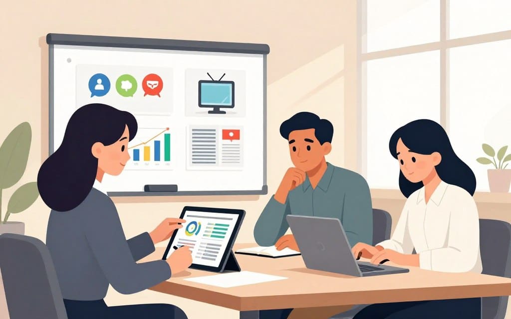 A modern office setting showcasing a diverse group of three professionals engaged in a collaborative meeting. In the foreground, a confident woman in business attire, pointing at a digital tablet displaying various media statistics. Beside her, a thoughtful man in smart casual wear is taking notes, while a young woman in professional attire analyzes a laptop screen. In the middle ground, a sleek whiteboard with colorful charts and graphs highlights different media channels like social media icons, television, and print. The background features large windows with soft natural light filtering through, casting warm, inviting shadows. The atmosphere conveys focus and teamwork, emphasizing the importance of understanding target audience media consumption in advertising.
