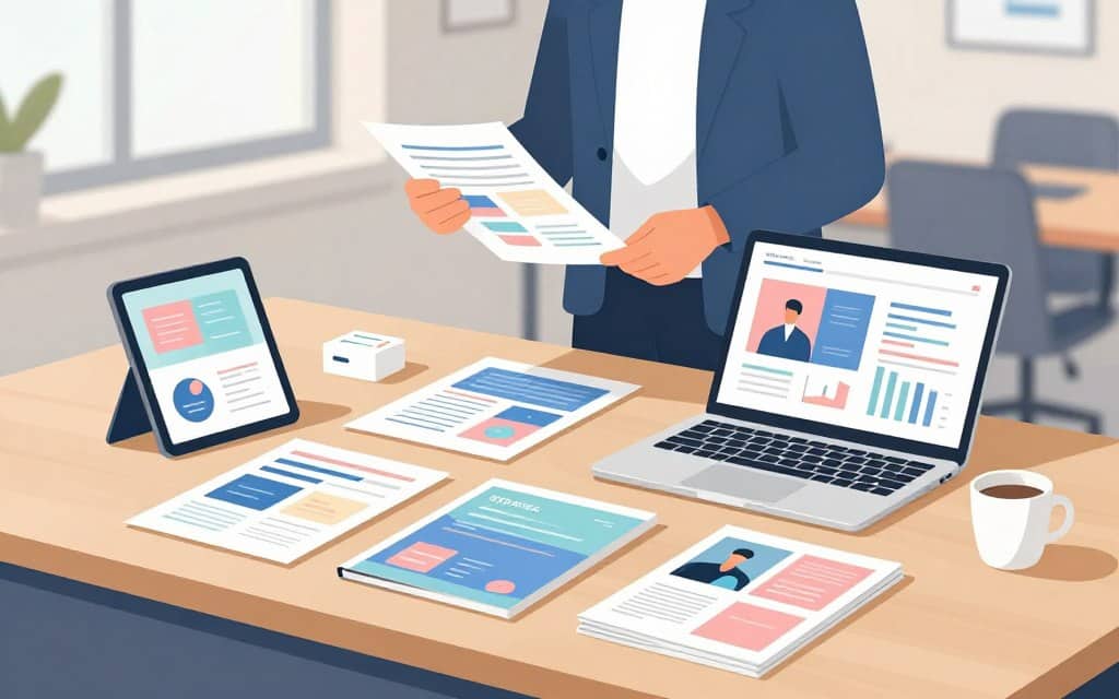 A modern office space showcases the integration of print and digital channels. In the foreground, a sleek wooden desk is adorned with vibrant print materials, including brochures, business cards, and a magazine, all in soft pastel colors. A tablet and laptop, displaying digital ads and analytics, sit beside the print items, highlighting their connection. In the middle ground, a professional business person, dressed in smart attire, engages with both mediums, examining a printed document while referencing the screen. The background features a contemporary workspace with large windows allowing soft, natural light to filter in, casting gentle shadows. The overall atmosphere is one of innovation and collaboration, evoking a sense of forward-thinking synergy between print and digital advertising.