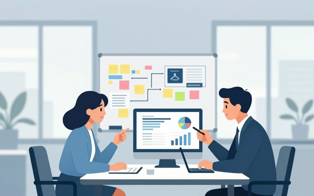 A modern office space with a large conference table at the forefront, with two professionals, a woman and a man, in business attire discussing charts and graphs displayed on a computer screen. In the middle ground, a whiteboard filled with colorful sticky notes and diagrams related to streaming ad strategy development. The background features large windows allowing soft natural light to illuminate the room, creating a bright and focused atmosphere. The color palette should be soothing with soft blues and greens. The lens should create a slight depth of field effect, emphasizing the professionals' intense discussion while gently blurring the background, adding to the mood of collaboration and innovation. No text or logos in the image.