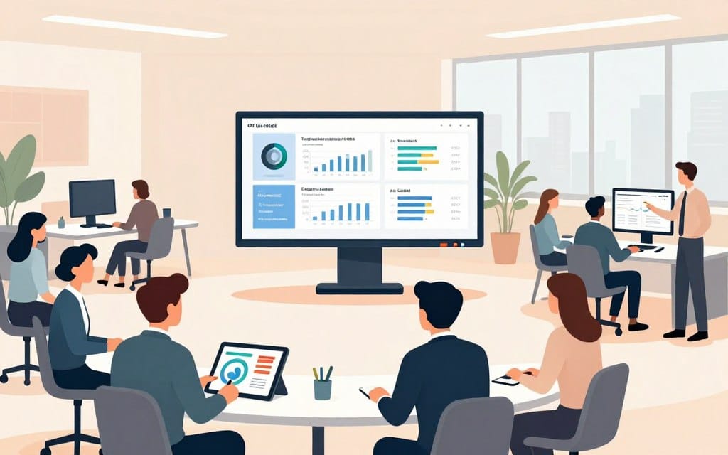 A modern office workspace filled with digital screens displaying graphs and analytics related to OTT ad performance. In the foreground, a diverse team of professionals in business attire are engaged in a brainstorming session, looking at a digital tablet with vibrant charts. In the middle, a large interactive screen shows various optimization strategies like targeting audience demographics and A/B testing results. The background features sleek furniture, soft lighting creating a warm atmosphere, and large windows revealing a cityscape. The overall mood is collaborative and innovative, with soft colors to promote a sense of focus and clarity. Capture this scene with a wide-angle lens for a spacious feel.