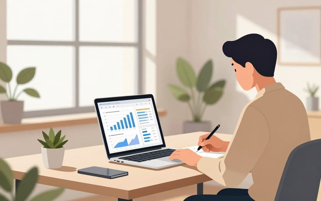 A modern office workspace with a sleek, wooden desk in the foreground featuring a laptop open to a detailed analytics dashboard showing graphs and charts related to an advertising budget. A professional individual in smart casual attire is focused on the screen, jotting down notes with a pen, exuding concentration and determination. In the middle ground, a large window lets in soft, natural light, illuminating the space and casting gentle shadows. In the background, there are plants and minimalist decor, enhancing the calm and organized atmosphere. The color palette is soft and warm, promoting a sense of productivity and clarity while avoiding clutter. The overall mood is professional yet inviting, ideal for showcasing the concept of monitoring and adjusting a budget in a small business context. A modern office workspace with a sleek, wooden desk in the foreground featuring a laptop open to a detailed analytics dashboard showing graphs and charts related to an advertising budget. A professional individual in smart casual attire is focused on the screen, jotting down notes with a pen, exuding concentration and determination. In the middle ground, a large window lets in soft, natural light, illuminating the space and casting gentle shadows. In the background, there are plants and minimalist decor, enhancing the calm and organized atmosphere. The color palette is soft and warm, promoting a sense of productivity and clarity while avoiding clutter. The overall mood is professional yet inviting, ideal for showcasing the concept of monitoring and adjusting a budget in a small business context.