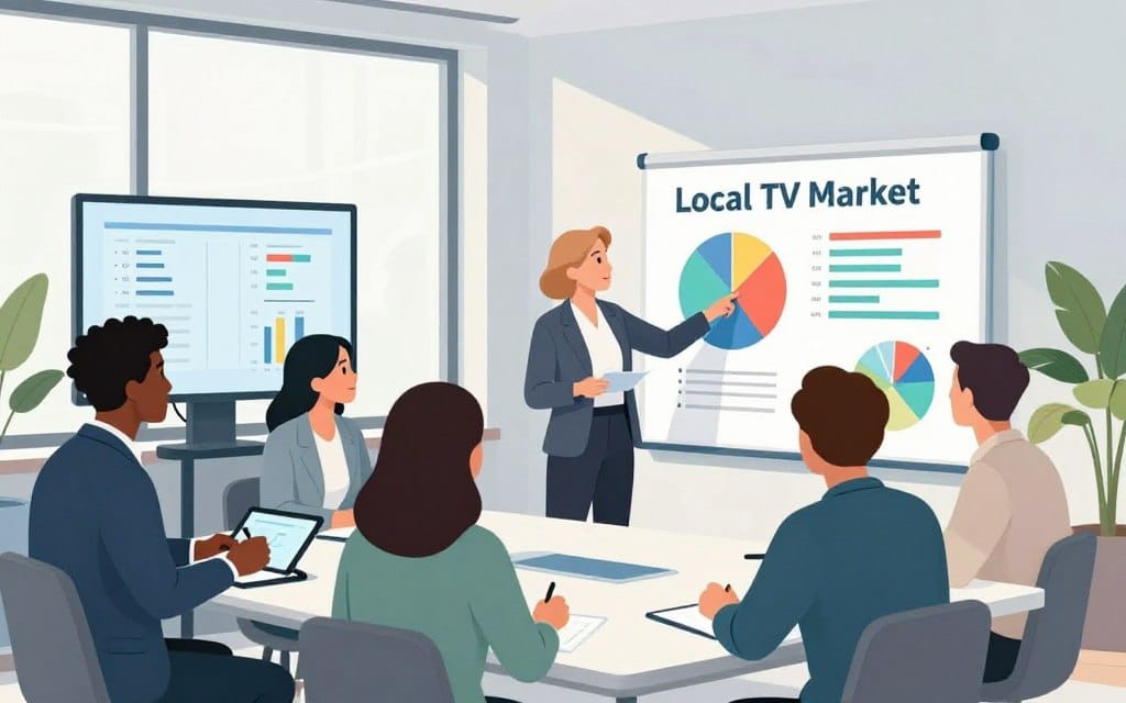A modern, well-lit conference room showcasing a diverse group of professionals engaged in a discussion around local TV market segmentation. In the foreground, a middle-aged Caucasian woman in business attire points to a colorful presentation board filled with pie charts and graphs reflecting local demographics. To the left, an African American man in a suit takes notes on a tablet, while a Hispanic woman in a smart blazer listens attentively. The background features large windows with soft natural light illuminating the space, a large screen displaying TV ad statistics, and plants in the corners for a fresh vibe. The atmosphere is collaborative and focused, with a sense of professionalism and purpose as they strategize on advertising approaches. The overall color palette is soft, with blues and greens predominating, creating a calm yet engaging environment.
