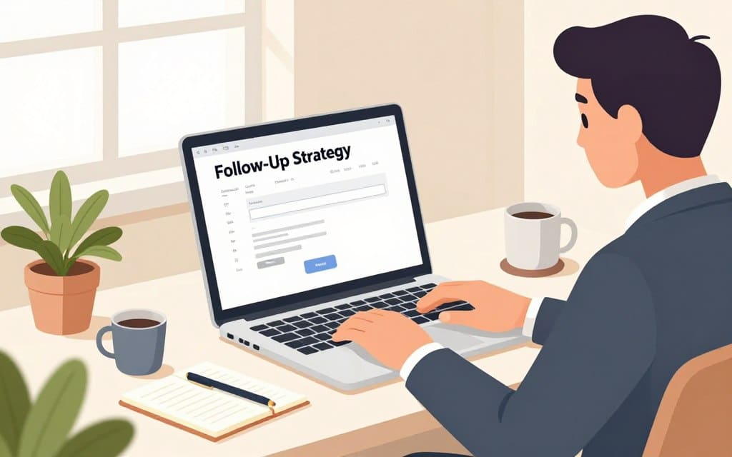 A professional freelancer's workspace, showcasing a sleek laptop open with an email draft titled "Follow-Up Strategy" prominent on the screen. In the foreground, a well-dressed person in business attire is actively typing, their expression focused and determined. The middle ground features a stylish desk with a notepad, a coffee mug, and a potted plant, creating an inviting atmosphere. The background includes soft natural lighting from a nearby window, casting gentle shadows that enhance the serene mood. The color palette is warm and soft, emphasizing productivity and professionalism without any clutter, ensuring the subject stands out clearly.