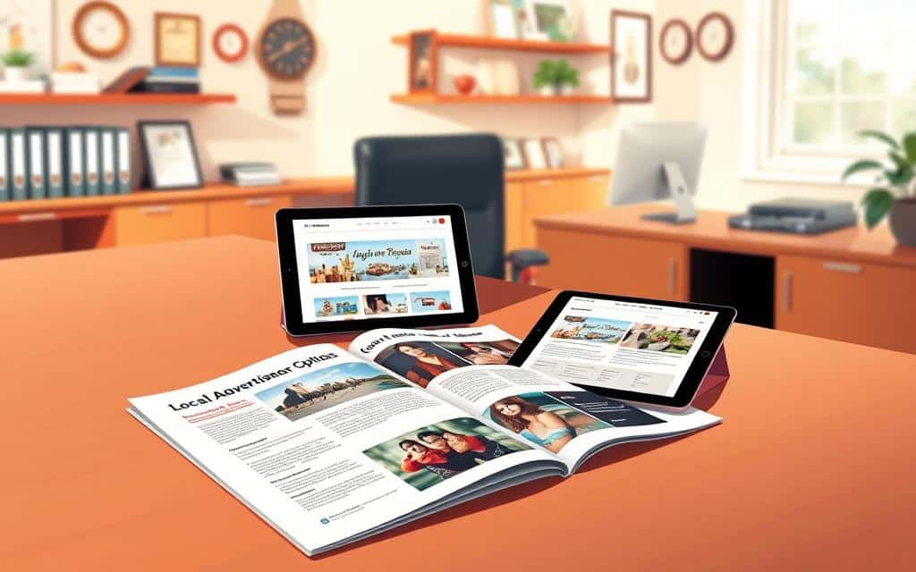 A professional media kit publication laid open on a sleek wooden desk. The foreground features a glossy brochure with vibrant images showcasing local advertisement options and demographics, along with a neatly arranged set of business cards. In the middle ground, a digital tablet displays a local newspaper website, highlighting advertising sections with clear visuals. The background features a softly lit office environment, with shelves displaying framed accolades and certifications, ensuring a professional atmosphere. The scene is warmly lit with natural sunlight coming through a nearby window, casting gentle shadows. The mood is focused and inviting, ideal for a discussion about local advertising strategies. The overall color palette is soft and complementary, enhancing clarity and visual appeal without distractions.