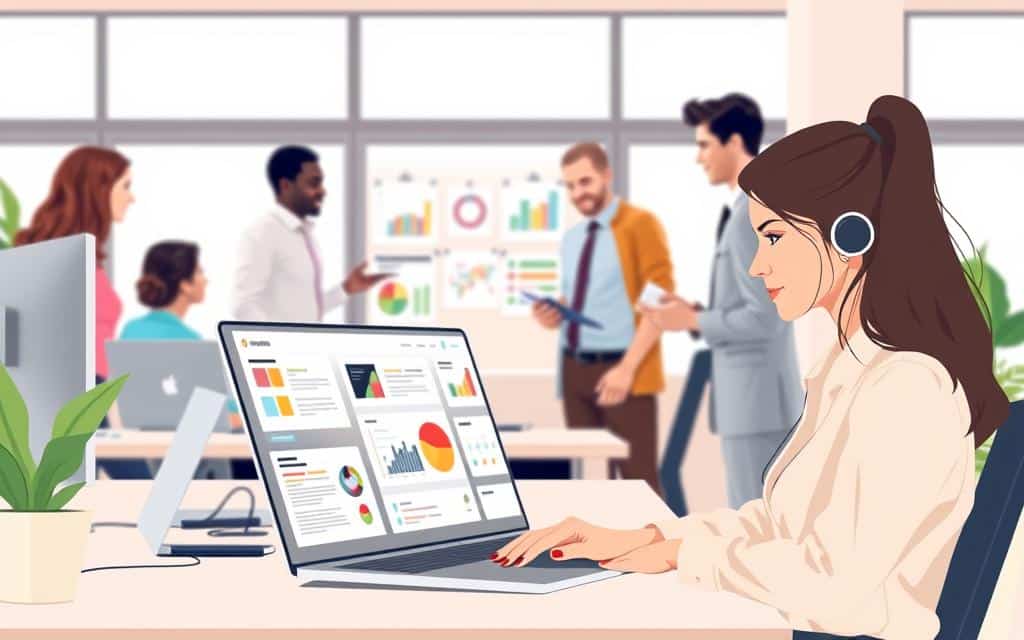 A professional office environment featuring a diverse group of individuals engaged in email marketing strategies. In the foreground, a young woman in smart casual attire is seated at a desk, focusing intently on her laptop, with email templates and marketing analytics displayed on the screen. In the middle ground, a couple of colleagues are discussing ideas, surrounded by colorful charts and graphs pinned to a wall, emphasizing vibrant creativity. The background shows large windows allowing natural light to flood the space, enhancing a positive and productive atmosphere. Soft pastel colors dominate the scene, creating a calming effect while maintaining a clear focus on the teamwork and technology involved in email marketing. The overall mood is collaborative and inspired, conveying a sense of growth and engagement.