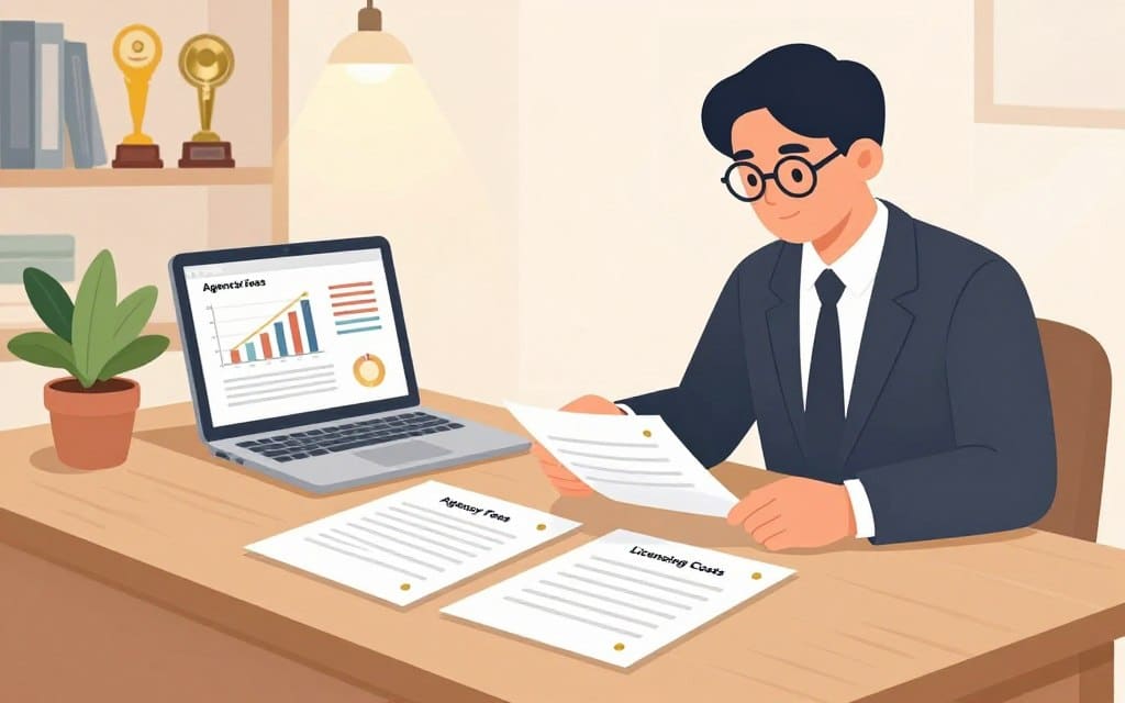A professional office setting featuring a sleek wooden desk in the foreground with a pair of elegant, gold-embellished documents titled "Agency Fees" and "Licensing Costs" laid out neatly. A well-dressed business professional, wearing a dark suit and glasses, is analyzing the documents with a focused expression. In the middle ground, a modern laptop displays graphs and figures related to advertising costs, while a stylish potted plant adds a touch of greenery. In the background, soft-focus shelves filled with industry awards and marketing books convey a sense of expertise. The lighting is warm and inviting, with a subtle glow from an overhead lamp, creating an atmosphere of professionalism and contemplation. The overall color palette is soft and muted, ensuring a clear focus on the subject without any distractions.