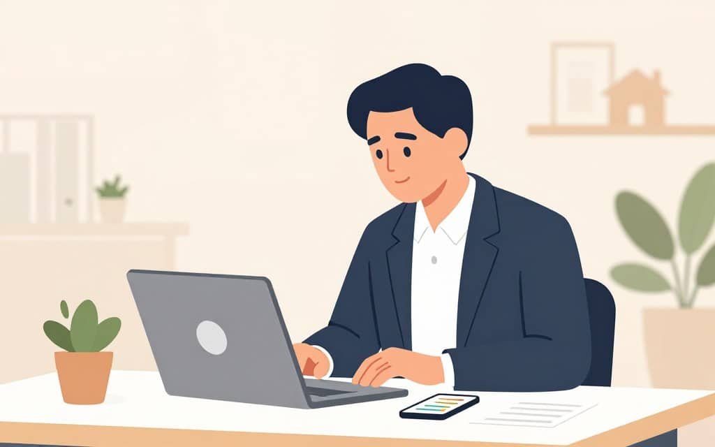 A professional real estate agent in a modest office environment, examining a digital marketing campaign on a laptop. Foreground features a neatly organized desk with minimalist decor, showcasing a few plants and a smartphone displaying analytics graphs. In the middle, the agent, dressed in a sharp business suit, looks focused and engaged, reflecting determination and strategic thinking. The background shows a simple wall with a subtle color palette, hinting at real estate imagery like a small house silhouette. Soft, natural lighting illuminates the scene, creating a warm and inviting atmosphere, with a shallow depth of field to emphasize the agent. The overall mood is one of innovation and resourcefulness, highlighting the concept of effective advertising on a minimal budget.