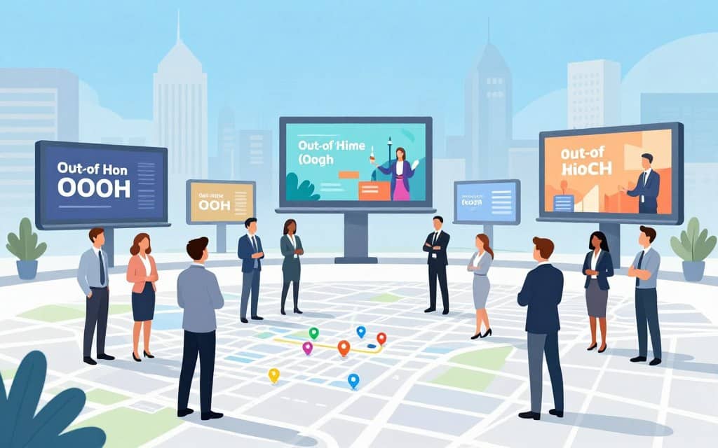 A professional team of diverse marketers in smart business attire standing confidently in front of a large city map, analyzing various Out-of-Home (OOH) advertising locations. In the foreground, a detailed digital map highlighted with marked advertising sites and key demographics. In the middle ground, several large billboards and digital screens, showcasing vibrant advertisements in an urban setting, indicating potential placements. The background features a bustling city skyline under a bright, clear blue sky, with soft, natural lighting casting gentle shadows. The scene conveys a mood of collaboration, strategy, and excitement about advertising opportunities, with colors being soft and harmonious for a clean and focused composition.