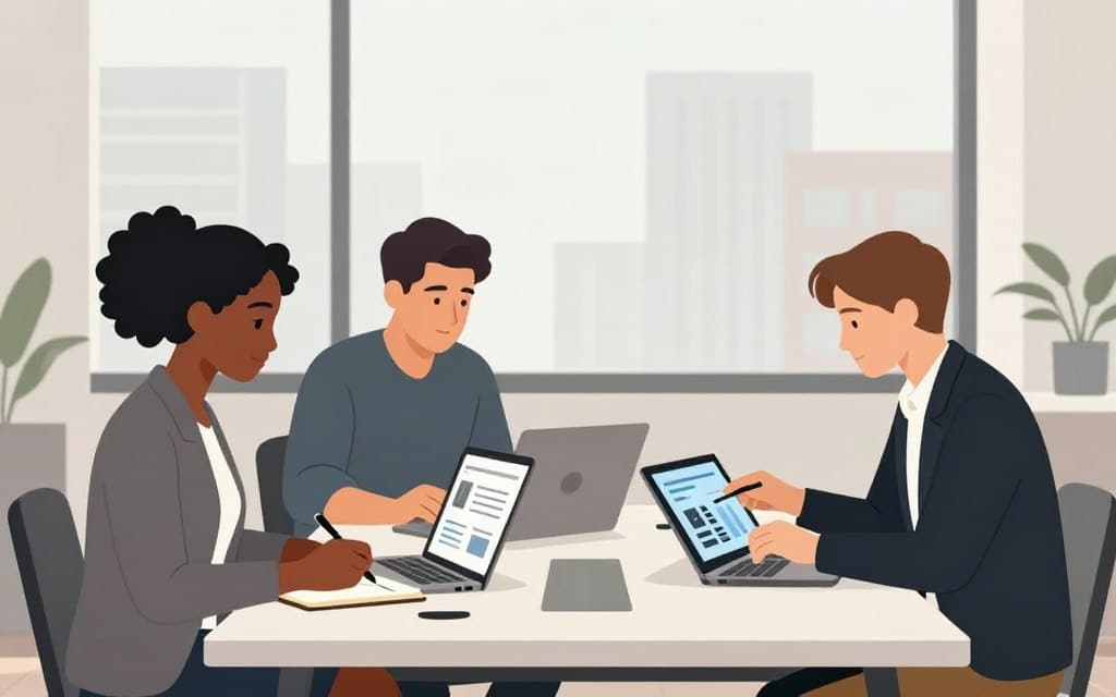 A professional team of three marketers collaborating around a modern conference table, equipped with laptops and notepads, brainstorming future marketing strategies for a new barber shop opening. The foreground features a diverse group: a Black woman in smart business attire taking notes, a Hispanic man analyzing data on his laptop, and a Caucasian woman presenting ideas on a digital tablet. In the background, a large glass window reveals a bright cityscape, hinting at urban clientele. Soft, natural lighting illuminates the room, creating a productive atmosphere. The scene captures a sense of focus and teamwork, with a minimalist aesthetic, muted colors, and no clutter, emphasizing the essence of strategic planning.