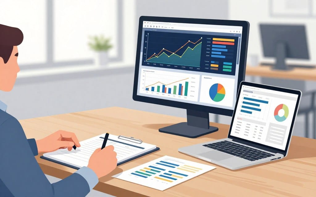 A professional workspace featuring a sleek wooden desk with a high-end laptop displaying analytical graphs and charts related to video completion rates. In the foreground, a pair of hands notebooking notes, with documents containing video statistics neatly arranged. In the middle, a large monitor on the desk showcasing a colorful, visually engaging dashboard, with metrics visually represented through line graphs and pie charts. The background includes a modern office environment with large windows allowing natural light to pour in, softening the overall ambiance. The mood is focused and analytical, reflecting a diligent approach to viewer engagement. The lighting is bright yet diffused, emphasizing clarity and professionalism. Ensure all human subjects wear business attire, such as dress shirts, and maintain a modest appearance. No additional elements or text are included.