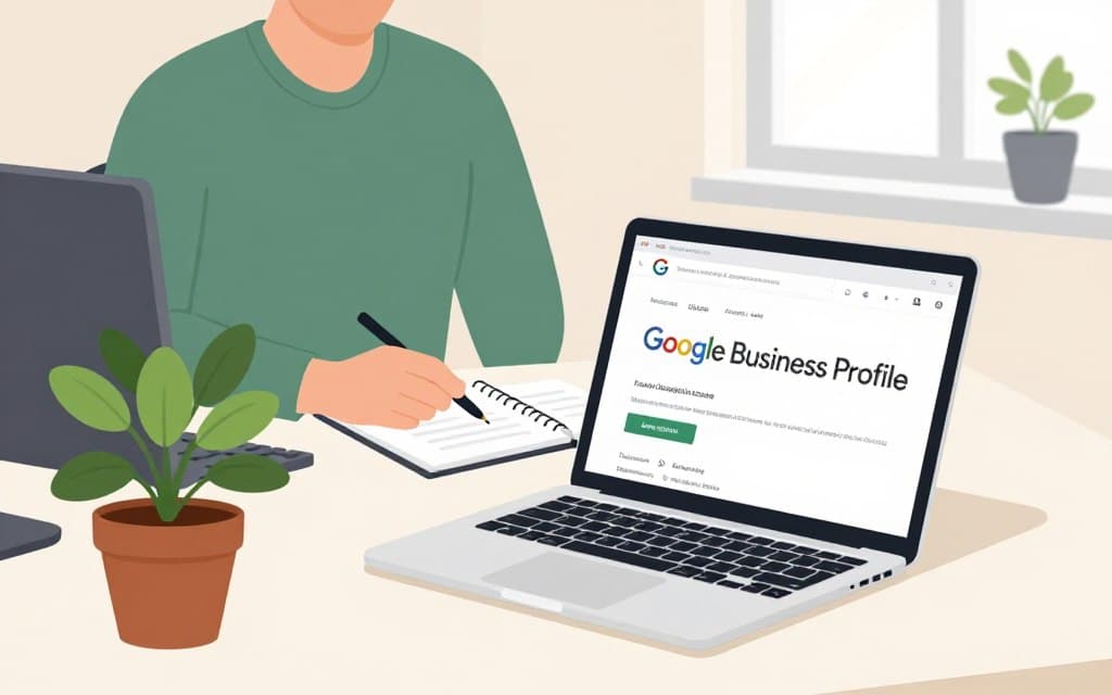 A serene, professional workspace showcasing a neatly organized office desk with a laptop displaying a Google Business Profile page for a landscaping business. In the foreground, a fresh-green potted plant adds a touch of nature, reflecting the landscaping theme. The middle ground features a business professional in smart casual attire, focused on optimizing the profile, with a notepad and pen beside them. In the background, soft sunlight streams through a window, illuminating the scene and casting gentle shadows. The color palette is soft and inviting, emphasizing a calm atmosphere conducive to productivity. The overall composition should highlight the importance of building a local online presence through clear, focused details without clutter.