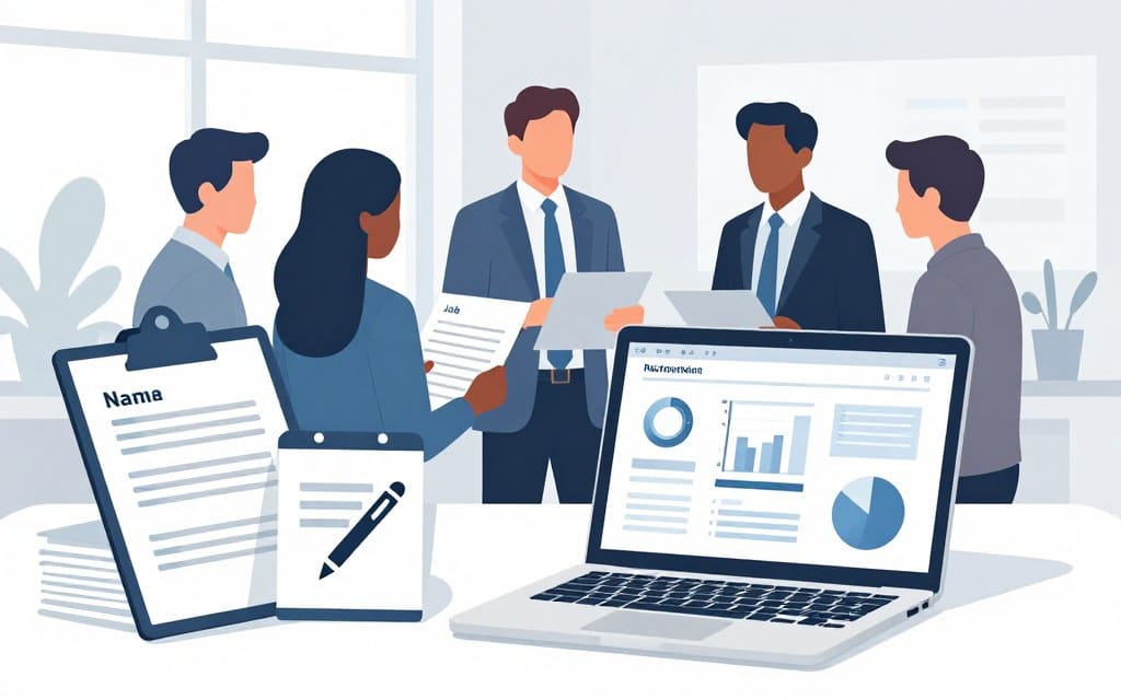 A sleek and modern workspace showcasing essential hiring tools and analysis. In the foreground, an attractive laptop displays a visual dashboard of hiring metrics, with graphs and data points clearly visible. To the left, a neatly arranged stack of resumes and a professional-looking clipboard with a pen symbolize the recruitment process. In the middle, a diverse group of four professionals in business attire consults over job descriptions and analysis reports, immersed in discussion. The background features a bright office with natural light filtering through large windows, reflecting a productive atmosphere. The overall mood is focused and collaborative, emphasizing the importance of effective hiring strategies. Soft colors enhance the inviting environment, avoiding any clutter to maintain a clear subject focus.