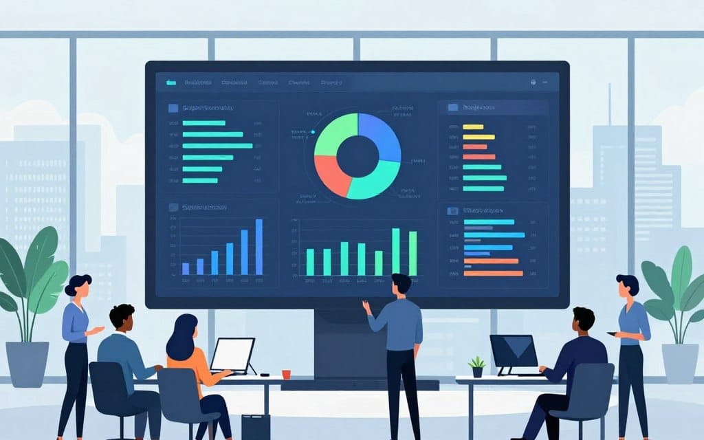 A sleek, modern office environment showcasing a large digital screen displaying colorful campaign budget optimization metrics. In the foreground, a diverse group of professionals in business attire actively discussing strategies. The middle layer features a prominent digital dashboard with visually appealing graphs, pie charts, and budget allocation bars, illuminated by soft ambient lighting. In the background, large windows reveal a vibrant city skyline, creating a clear contrast with the indoor workspace. The mood is focused and collaborative, evoking a sense of determination and innovation in the realm of programmatic advertising. The overall color palette consists of soft blues and greens, maintaining a clean and organized aesthetic.
