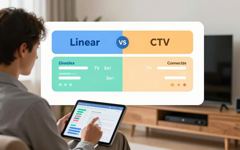 A split-image concept comparing audience targeting strategies in Linear TV and Connected TV (CTV). In the foreground, showcase a professional individual in business attire analyzing data on a digital tablet, illuminated by soft, warm lighting. In the middle ground, depict a stylized comparison chart, visually distinct, highlighting key differences in data analytics and audience segmentation between Linear and CTV advertising. Use a sleek, modern design for the chart, favoring cool tones like blues and greens for CTV, and warmer hues for Linear TV. In the background, softly blurred images of a traditional living room with a TV and a modern setup with streaming devices to emphasize the environments. The overall atmosphere should convey professionalism and clarity, inviting viewers to engage with the topic at hand.
