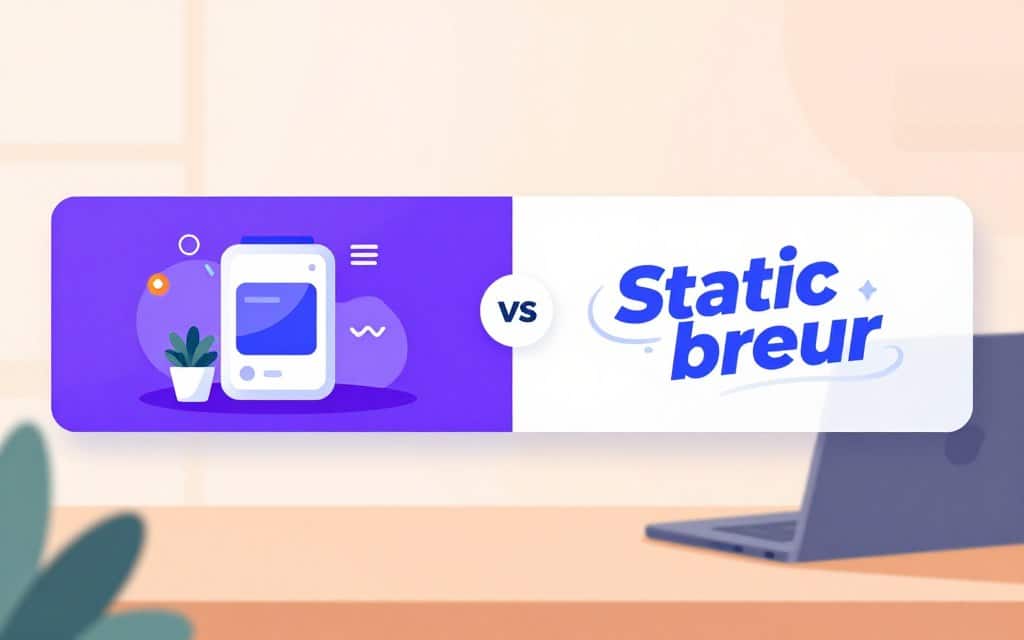 A split image illustrating "static versus animated banner ad formats." On the left, a sleek, modern static banner ad showcasing vibrant graphics and eye-catching design elements, with a clear layout featuring a product image and a captivating background. On the right, an animated version displaying subtle motion effects, like flowing text and transitions, enhancing visual interest and engagement. The foreground has soft lighting to create an inviting atmosphere, with a slight lens blur that draws focus to the ads. In the background, a simple workspace setting with gentle colors, including a desk and a laptop, emphasizing the theme of effective advertising. The overall mood should be professional yet creative, encouraging innovative ad strategies.