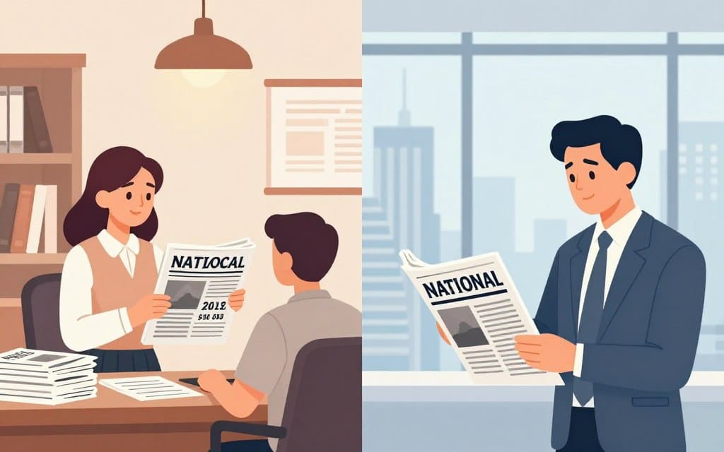 A split-scene illustration comparing local and national newspaper advertising costs, featuring two distinct halves. On the left, a cozy local newspaper office with a friendly, professional businesswoman in a modest outfit discussing ad rates with a small business owner, surrounded by stacks of local newspapers. Soft, warm lighting enhances the inviting atmosphere. On the right, a sleek, modern national newspaper headquarters with a male executive in a sharp suit reviewing advertising contracts. The background features city skyline views through large glass windows, highlighting the larger market reach. Utilize a shallow depth of field to focus on the characters while maintaining a soft color palette, ensuring a clear subject focus without clutter.