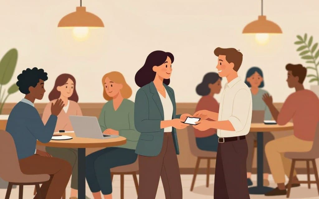 A vibrant local networking event for freelancers unfolds in a cozy café setting, with a group of diverse professionals engaging in dynamic conversation. In the foreground, a woman in a smart blazer smiles as she exchanges business cards with a man in a casual shirt and trousers. The middle ground features small tables with laptops and notebooks, where other attendees share ideas and mingle. Soft, warm lighting from overhead fixtures creates an inviting atmosphere, while plants in the background add a touch of greenery. The scene is captured with a shallow depth of field to keep the focus on the interactions, evoking a sense of collaboration and networking opportunity in a friendly environment. Emphasize a mix of genders and ethnicities in professional attire, radiating motivation and enthusiasm.