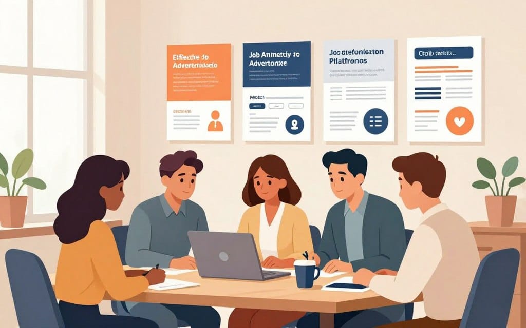 A visually engaging workspace scene focused on effective job advertising strategies. In the foreground, a diverse group of professionals—two women and a man—are collaborating around a sleek wooden table, reviewing a laptop. They are dressed in smart business attire, reflecting a modern corporate environment. The middle ground features vibrant flyers and brochures showcasing various free online job advertising platforms, such as social media icons and job boards, artistically arranged. In the background, a bright window allows soft, natural light to spill into the room, creating a positive and inviting atmosphere. The overall color palette is soft and warm, enhancing a sense of teamwork and innovation. Capture this scene from a slightly elevated angle to provide a comprehensive view, emphasizing the interaction among the team.