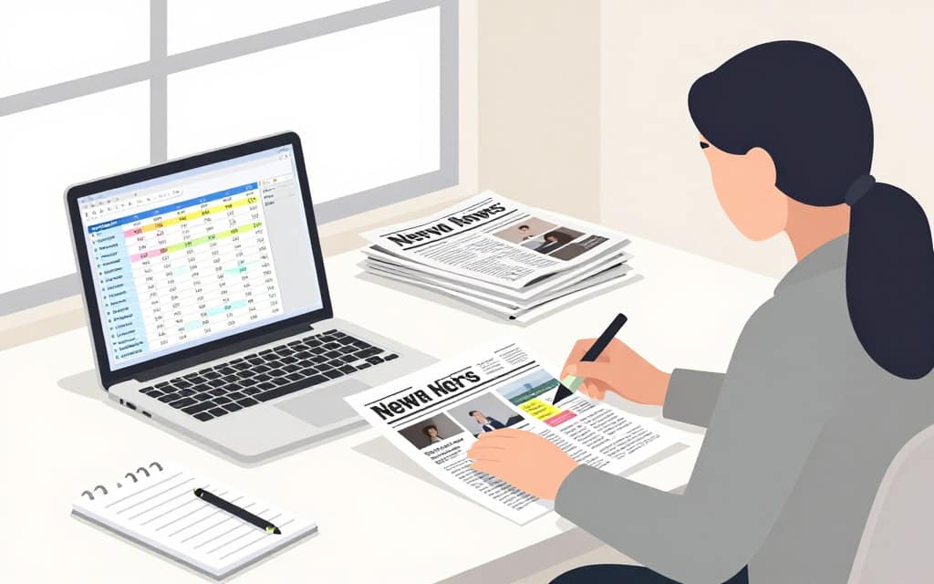 A well-organized workspace featuring a desk with a laptop open to a colorful spreadsheet showcasing various newspaper ad metrics. In the foreground, a professional businesswoman in modest attire analyzes printed newspaper layouts and highlights strategic optimization points with a highlighter. The middle ground should include a small stack of newspapers and a notepad filled with handwritten notes. In the background, a large window allows soft, natural light to flood the room, casting gentle shadows. The atmosphere should feel focused and productive, emphasizing clarity and strategy without clutter, while maintaining a professional vibe throughout the scene.