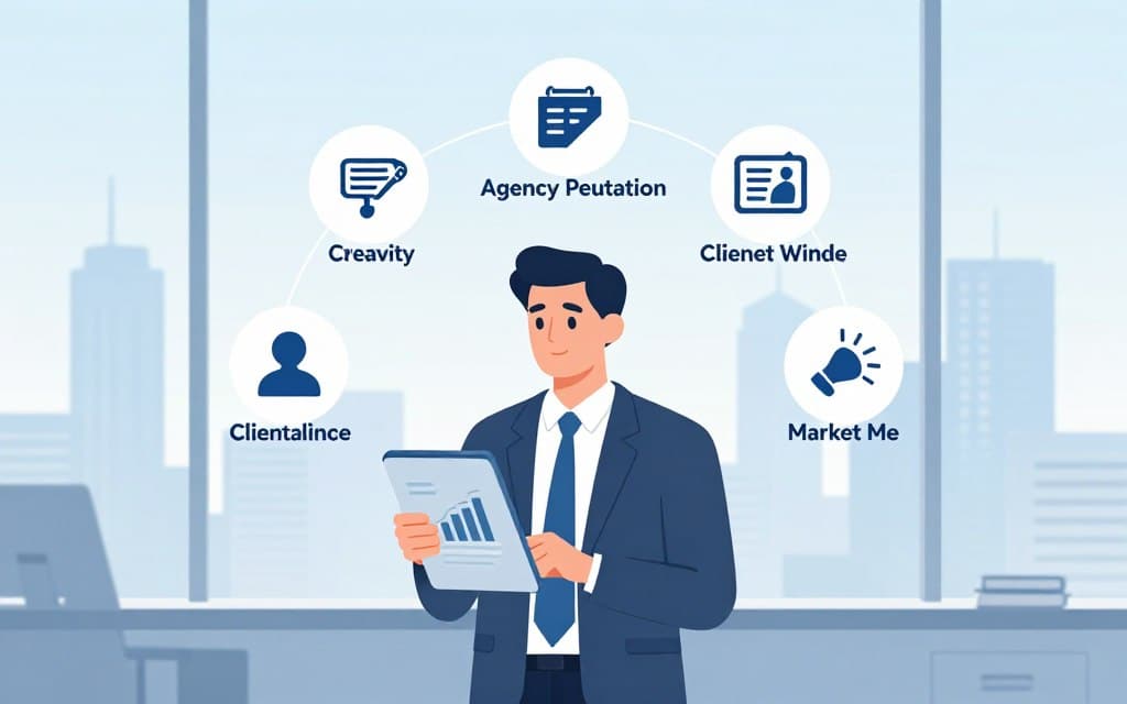 An informative and visually engaging illustration depicting the key factors influencing advertising agency pricing. Foreground: a well-dressed business professional, a middle-aged man in a suit, holding a tablet displaying charts and graphs. Middle: various icons symbolizing factors like creativity, agency reputation, client collaboration, and market demand, arranged in a dynamic layout around the professional. Background: a modern office setting with large windows showing a city skyline, bathed in soft morning light, creating a fresh and optimistic atmosphere. The color palette should be soft, focusing on blues and whites to convey professionalism, with a clear subject focus and minimal clutter, enhancing the overall clarity and impact of the image.