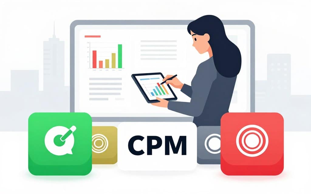 A balanced composition depicting the benefits and limitations of CPM advertising. In the foreground, illustrated icons represent benefits like increased brand visibility and cost-effectiveness with bright green and gold colors. Flanking them, contrasting icons depict limitations such as potential ad fatigue and lack of demographic targeting, rendered in muted grays and reds. In the middle ground, a professional businesswoman in smart attire analyzes graphs and charts displaying CPM data on a sleek tablet, framed by a minimalist office background. Soft, diffused lighting creates an inviting atmosphere, emphasizing clarity and focus. The background features soft-focus elements like a blurred city skyline, suggesting a dynamic advertising landscape. The overall mood is informative and insightful, capturing the essence of CPM advertising.