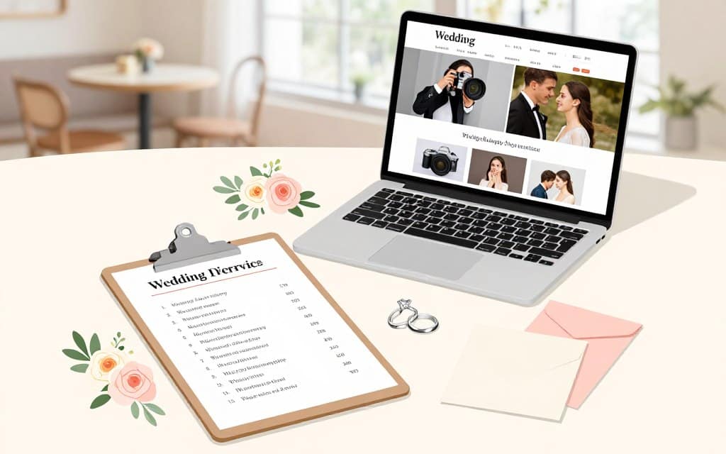 A beautifully arranged flat lay depicting various wedding directories and vendor platforms. In the foreground, an elegant clipboard showcases a neatly organized list of wedding photography services, surrounded by delicate wedding-themed elements like floral arrangements, engagement rings, and soft pastel-colored stationery. The middle section features a laptop open to a popular wedding vendor website, with images of photographers showcasing their portfolios. The background includes a subtle blurred setting of a cozy café, bathed in soft, natural light from a nearby window, creating a warm and inviting atmosphere. The overall mood is professional yet creative, emphasizing the exploration of advertising opportunities for wedding photography services.