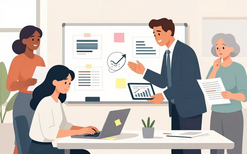 A focused workspace featuring a professional business setting, showcasing a diverse group of three individuals collaborating on optimizing ad copy. In the foreground, a young woman in smart casual attire types on a laptop, surrounded by colorful sticky notes, while a middle-aged man in a suit gestures towards key performance metrics displayed on a tablet. To the side, an older woman reviews printed ad drafts with a thoughtful expression. The middle layer features a bright whiteboard filled with brainstorming ideas. The background includes a modern office with soft, natural lighting, giving a warm and inviting atmosphere. The overall mood is dynamic and collaborative, emphasizing innovation and strategy in marketing.