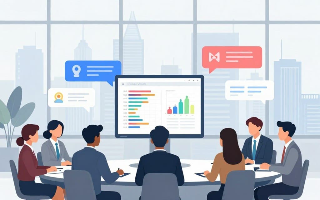 A modern digital marketing scene depicting the role of ad impressions. In the foreground, a diverse group of professionals in business attire is gathered around a sleek conference table, analyzing colorful graphs and digital screens showcasing ad metrics. In the middle, portray interactive digital displays, including notifications of ad impressions and statistics, illuminating the workspace with a soft glow. The background features a large window with a city skyline, symbolizing connectivity and the vast online market. Use soft lighting to create a professional yet inviting atmosphere, emphasizing clarity and focus. Capture the essence of teamwork and strategic planning in digital marketing without clutter, maintaining a clear and cohesive aesthetic.