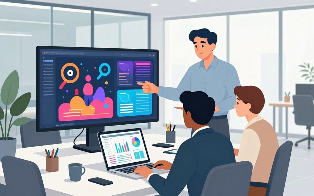 A modern office environment showcasing a diverse team of three professionals—two men and one woman—collaborating on a digital media buying strategy. In the foreground, a laptop displays complex data analytics and graphs related to media performance metrics. The middle section features a large screen showcasing vibrant digital marketing visuals and campaign analytics. The background includes sleek office design elements, such as glass walls and stylish furniture, allowing natural light to fill the space. Soft color tones create a calm, focused atmosphere. The professionals are dressed in smart business attire, actively discussing ideas, with expressions of concentration and engagement. The composition emphasizes teamwork and the integration of technology in the media buying process, captured from a slightly elevated angle for depth.