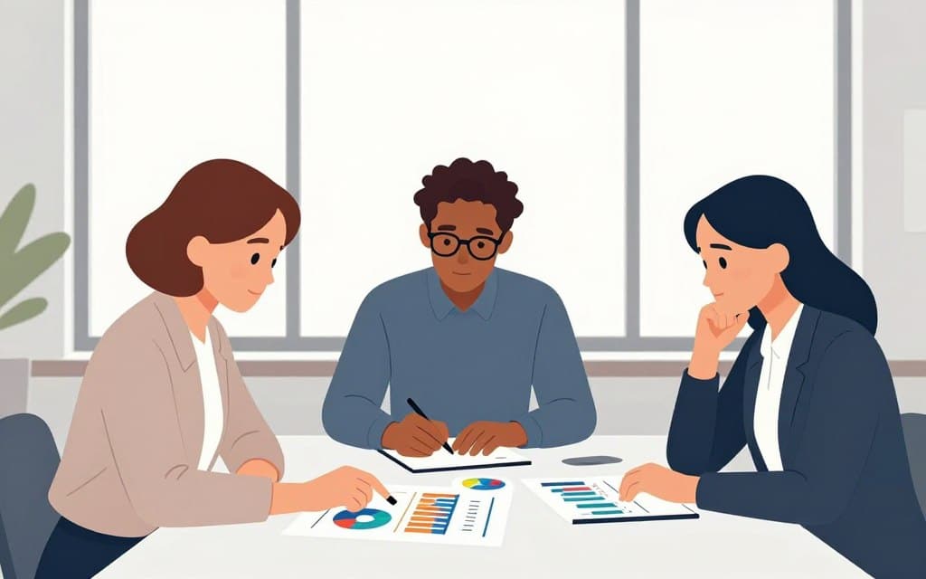 A modern office setting as the background, featuring a large window with soft, natural light pouring in. In the foreground, a diverse group of three professionals—two women and one man, all dressed in smart business attire—are gathered around a sleek conference table. They are examining colorful charts and graphs spread out on the table, visually engaged in a discussion about audience targeting. The woman on the left, with short brown hair, points to a chart, while the man, with glasses and curly hair, takes notes. The woman on the right, with long dark hair, looks thoughtfully at the data. The atmosphere is focused and collaborative, with a clear subject emphasis on teamwork and strategic planning. Soft color palette to create a professional yet inviting mood.