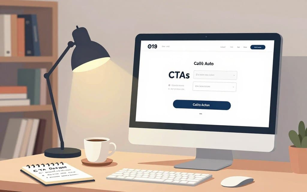 A modern workspace featuring a sleek computer setup displaying an uncluttered webpage with clear and engaging Call to Action buttons. In the foreground, a notepad with handwritten notes about CTA design principles, alongside a minimalistic coffee cup. In the middle ground, a bright desk lamp casting soft warm light illuminating the workspace. The background shows a blurred bookshelf filled with design books, creating a professional and inspiring atmosphere. The overall lighting is soft and inviting, with a focus on the clarity and prominence of the CTAs on the screen. The mood is focused and creative, emphasizing the importance of good design in user engagement.