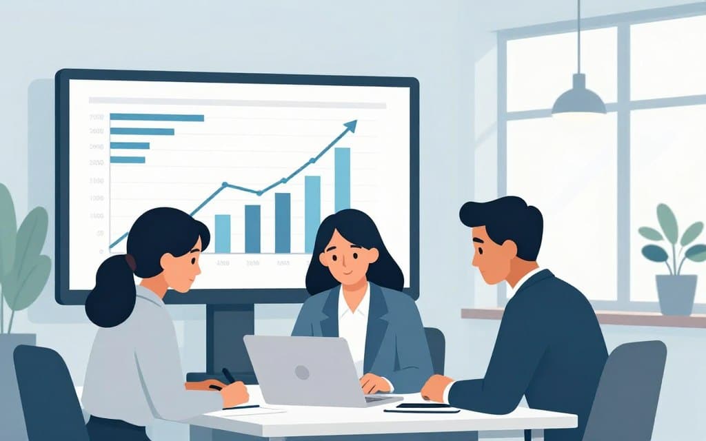 A professional business setting illustrating the concept of resuming paused marketing campaigns. In the foreground, a diverse group of three professionals, two women and one man, are attentively reviewing campaign data on a laptop, dressed in smart business attire. The middle ground features a large screen displaying graphs and analytics, indicating a positive upward trend. In the background, a modern office space with large windows allows for soft, natural light to brighten the scene, enhancing a focused and collaborative atmosphere. The color palette consists of soft blues and greens, creating a calm, organized feeling. The overall mood conveys strategic planning and optimism, emphasizing teamwork and data-driven decision-making. A professional business setting illustrating the concept of resuming paused marketing campaigns. In the foreground, a diverse group of three professionals, two women and one man, are attentively reviewing campaign data on a laptop, dressed in smart business attire. The middle ground features a large screen displaying graphs and analytics, indicating a positive upward trend. In the background, a modern office space with large windows allows for soft, natural light to brighten the scene, enhancing a focused and collaborative atmosphere. The color palette consists of soft blues and greens, creating a calm, organized feeling. The overall mood conveys strategic planning and optimism, emphasizing teamwork and data-driven decision-making.