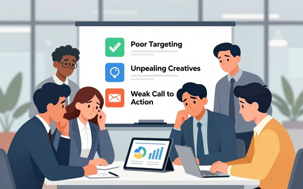 A professional digital marketing setting, illustrating common causes of low Click Through Rates in ads. In the foreground, a diverse group of professionals in business attire are discussing a digital ad campaign, analyzing charts and graphs on a tablet, displaying confusion and concern. In the middle, a whiteboard lists issues such as "Poor Targeting," "Unappealing Creatives," and "Weak Call to Action," with colorful but clear drawings representing each cause. The background features a stylish office with soft lighting, glass walls, and plants for a collaborative atmosphere. The image should convey a sense of urgency and problem-solving, captured with a soft focus lens effect to emphasize the professionals' engagement and the central themes of the discussion.