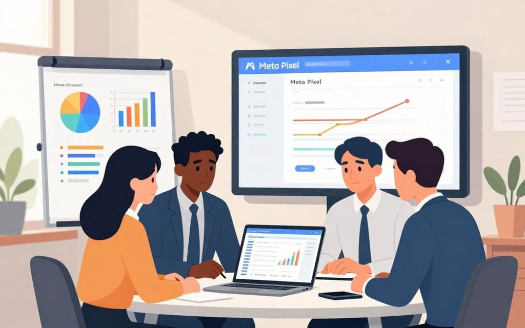 A professional office environment with a clean, modern aesthetic. In the foreground, a diverse group of three business professionals, one woman of Asian descent and two men, one Black and one Caucasian, are gathered around a sleek table, intently discussing a laptop displaying a conversion tracking dashboard. The middle layer features a whiteboard with colorful charts and graphs illustrating conversion metrics and a large digital screen behind them showing the Meta Pixel setup. The background includes soft-focus office decor with large windows letting in natural light that adds warmth to the space. The overall mood is focused and collaborative, emphasizing the importance of optimizing digital marketing strategies.
