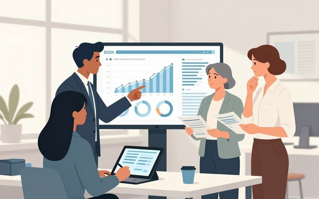 A professional office setting featuring a diverse group of three individuals analyzing campaign performance data on a large screen. In the foreground, a middle-aged man in a tailored suit points at a detailed data graph, while a young woman in smart business attire takes notes on a digital tablet. Beside them, a thoughtful older woman in casual professional clothing reviews printed graphs and statistics. The background includes a large window with soft natural light streaming in, illuminating the sleek office furniture. The atmosphere is focused and collaborative, encouraging strategic discussions. The overall color palette is soft and muted, emphasizing clarity and professionalism.
