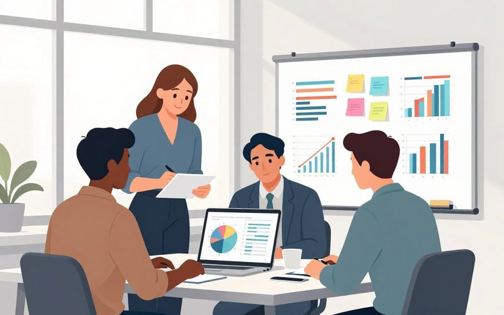 A professional team of marketers and data analysts in a modern office, deeply engaged in identifying and researching target audiences. In the foreground, a diverse group of three individuals, dressed in smart casual business attire, are examining graphs and charts displayed on a laptop screen, showcasing audience demographics. In the middle ground, a whiteboard is filled with colorful sticky notes and detailed statistics, symbolizing brainstorming and strategy development. The background features large windows allowing soft, natural light to stream in, creating a bright and inviting atmosphere. The composition is shot with a slight angle to add depth, emphasizing collaboration and focus, with muted, soft colors throughout to maintain a professional tone.