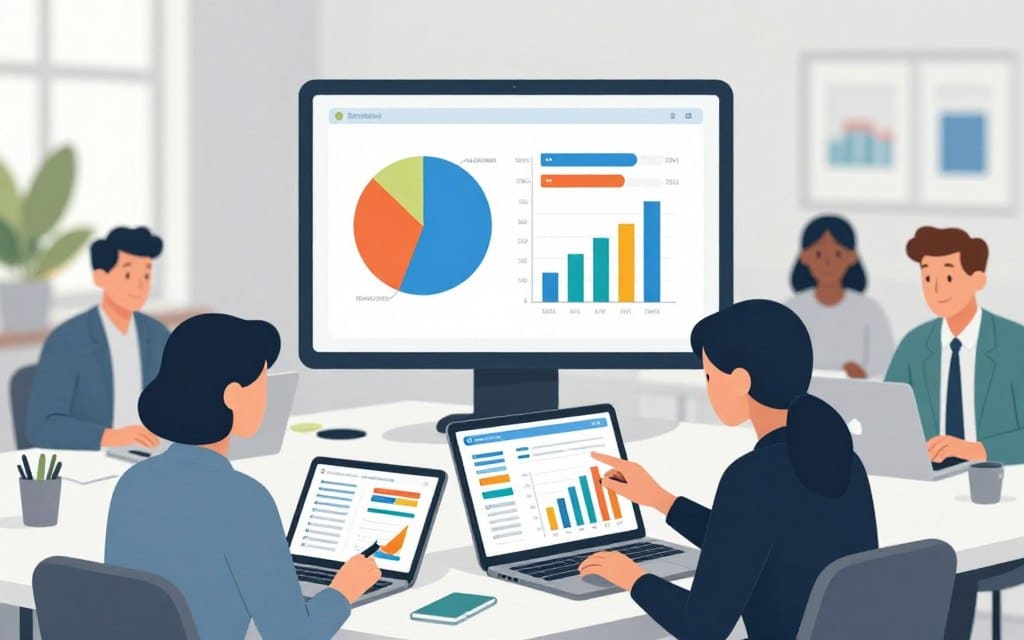 A professional workspace featuring a diverse team of business experts, analyzing data on laptops and tablets. In the foreground, a focused woman in business attire points at a digital dashboard displaying graphs and metrics related to ad budgets across multiple channels, with bright colors emphasizing key performance indicators. In the middle layer, a large screen shows a pie chart and bar graphs, illustrating the distribution of ad spend across various platforms like social media, search engines, and email marketing. The background reveals an open office space with soft, natural lighting and green plants, creating a collaborative and innovative atmosphere. The overall mood is productive and strategic, highlighting the process of optimizing advertising budgets without compromising results.