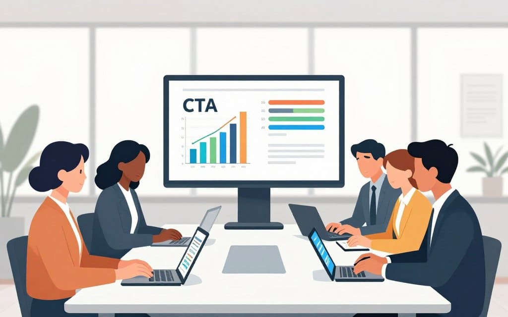 A professional workspace illustrating the concept of testing call-to-action (CTA) performance. In the foreground, a diverse group of business professionals, dressed in business attire, are gathered around a sleek conference table, analyzing data on digital devices like laptops and tablets. In the middle, a large screen displays colorful graphs and metrics related to CTA performance. The background features a bright, modern office with large windows allowing natural light to flood in, creating an inviting and productive atmosphere. Soft, neutral colors dominate the palette, enhancing focus on the analytical discussion taking place. The image conveys a collaborative and innovative mood, emphasizing attention to detail and the importance of optimizing digital marketing strategies.