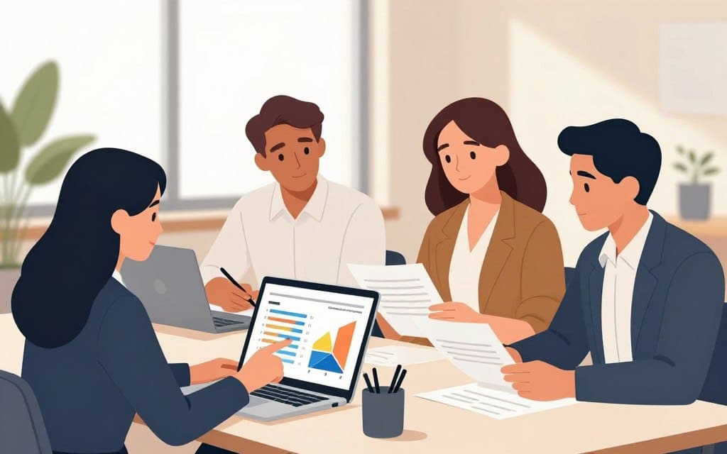 A professional workspace scene featuring a diverse group of three business individuals engaged in a focused discussion about digital marketing strategies. In the foreground, a woman in a smart blazer points at a laptop screen displaying colorful graphs and charts related to ad performance. In the middle ground, a man in a collared shirt takes notes, while a woman in a chic professional dress reviews a printed report on negative keywords. The background showcases a modern office with large windows, soft natural light streaming in, and indoor plants adding a calming touch. The atmosphere is one of collaboration and focus, with warm tones and a clean, organized layout.